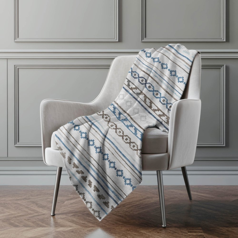 50" X 70" Gray Blue And Ivory Geometric Microfiber Plush Throw Blanket