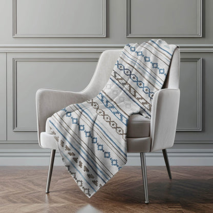 50" X 70" Gray Blue And Ivory Geometric Microfiber Plush Throw Blanket