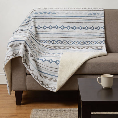 50" X 70" Gray Blue And Ivory Geometric Microfiber Plush Throw Blanket
