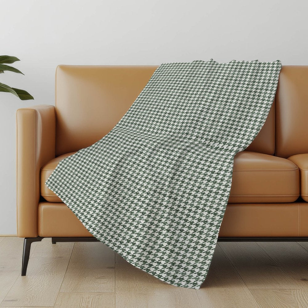 50" X 70" Green And White Houndstooth Polyester Woven Plush Throw Blanket