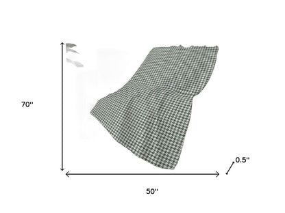 50" X 70" Green And White Houndstooth Polyester Woven Plush Throw Blanket