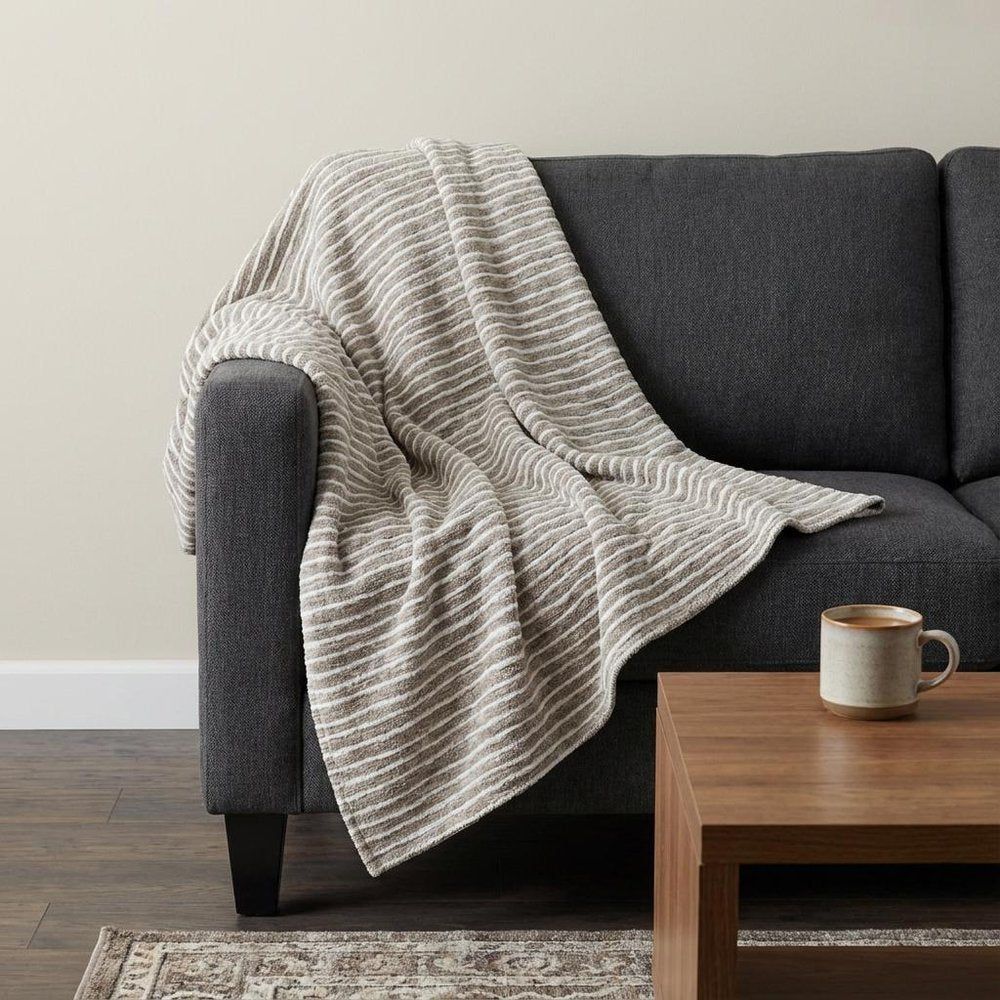 50" X 70" Taupe And Ivory Striped Microfiber Plush Throw Blanket