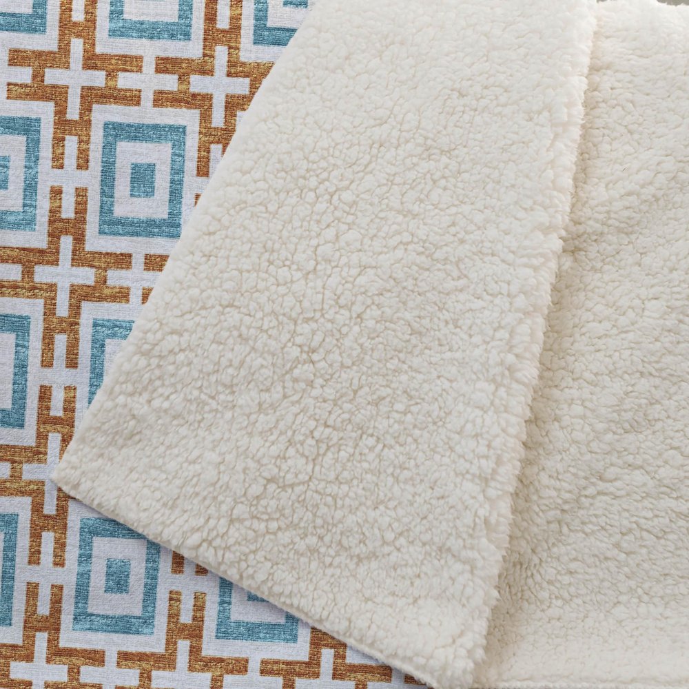 50" X 70" Orange Ivory And Teal Geometric Microfiber Plush Throw Blanket