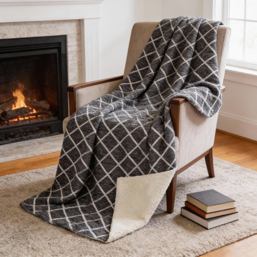 50" X 70" Black And Ivory Geometric Microfiber Plush Throw Blanket