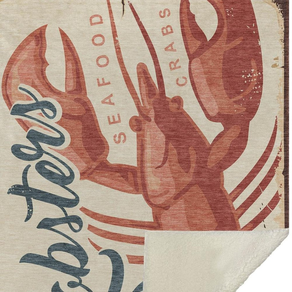 50" X 70" Beige Blue And Red Lobster Plush Throw Blanket