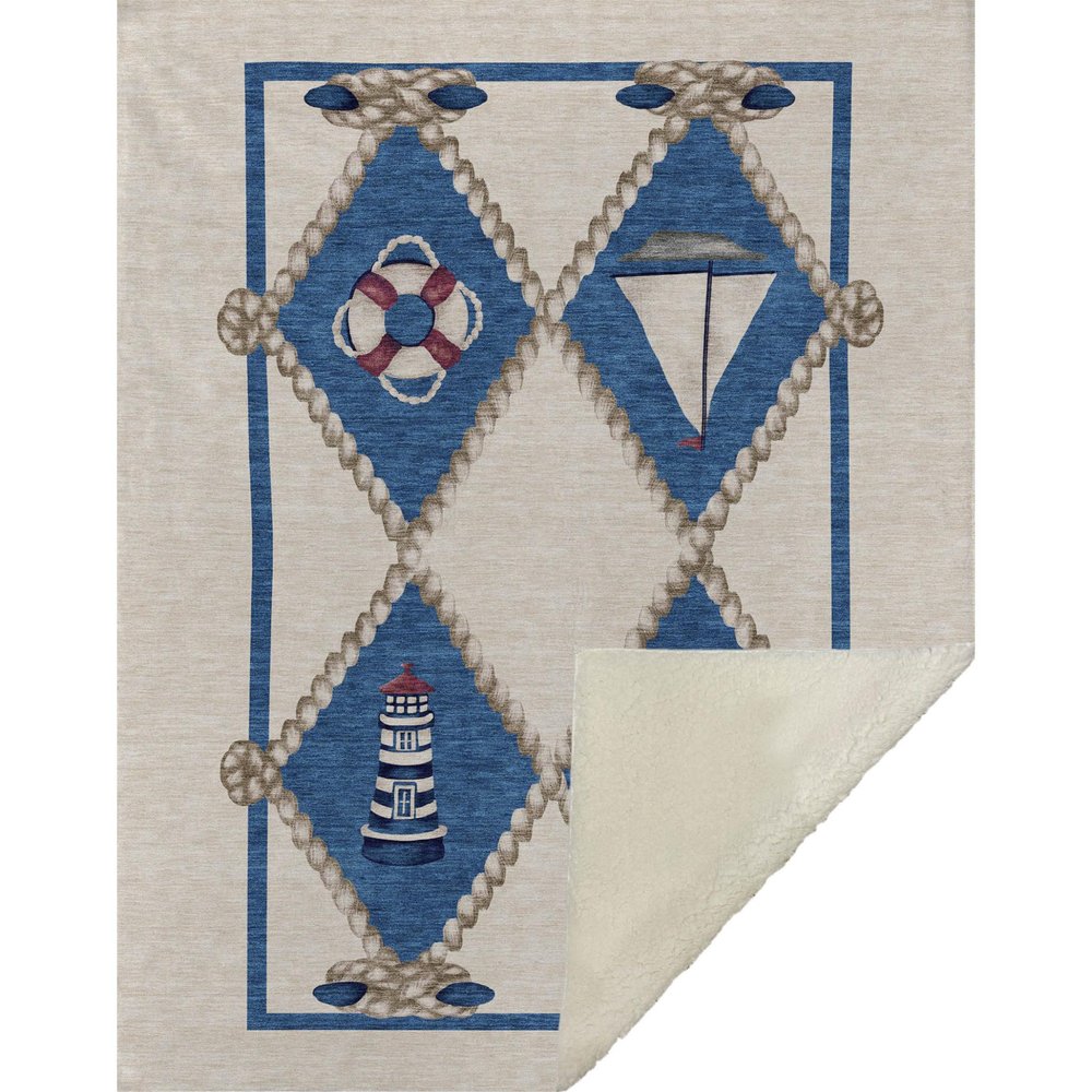 50" X 70" Ivory And Blue Geometric Polyester Woven Plush Throw Blanket
