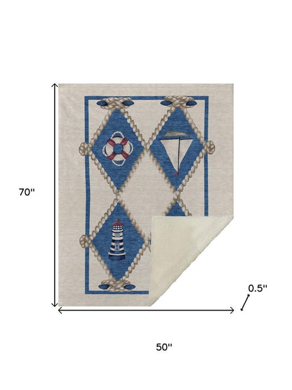 50" X 70" Ivory And Blue Geometric Polyester Woven Plush Throw Blanket