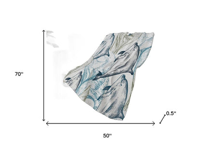 50" X 70" Ivory And Blue Animal Print Polyester Woven Plush Throw Blanket