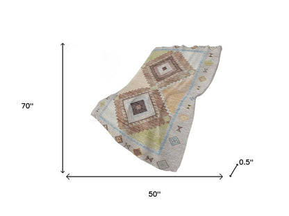 50" X 70" Taupe Beige And Brown Geometric Polyester Woven Plush Throw Blanket