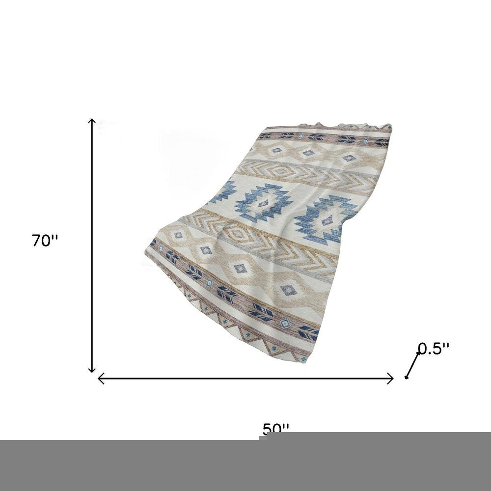50" X 70" Taupe Blue And Ivory Geometric Polyester Woven Plush Throw Blanket