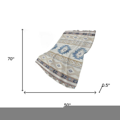 50" X 70" Taupe Blue And Ivory Geometric Polyester Woven Plush Throw Blanket