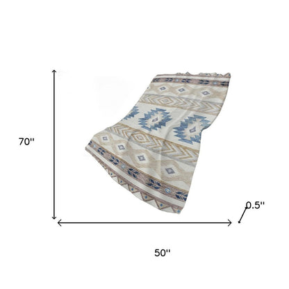 50" X 70" Taupe Blue And Ivory Geometric Polyester Woven Plush Throw Blanket