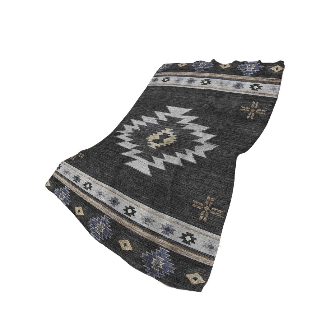 50" X 70" Midnight Gray And Beige Geometric Polyester Woven Plush Throw Blanket