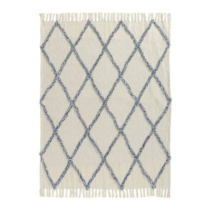 50" X 60" Ivory And Blue Argyle Cotton Woven Throw Blanket
