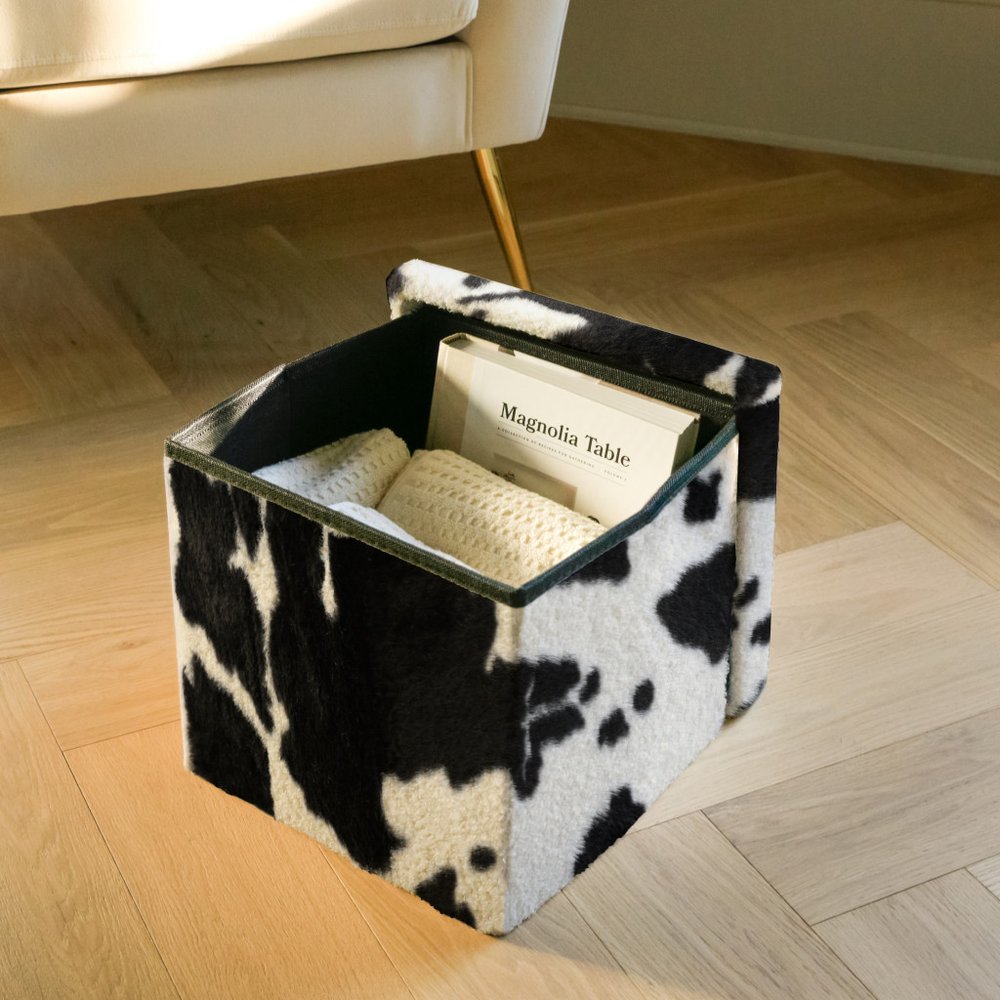 12" Black and White Faux Fur Cow Print Storage Ottoman