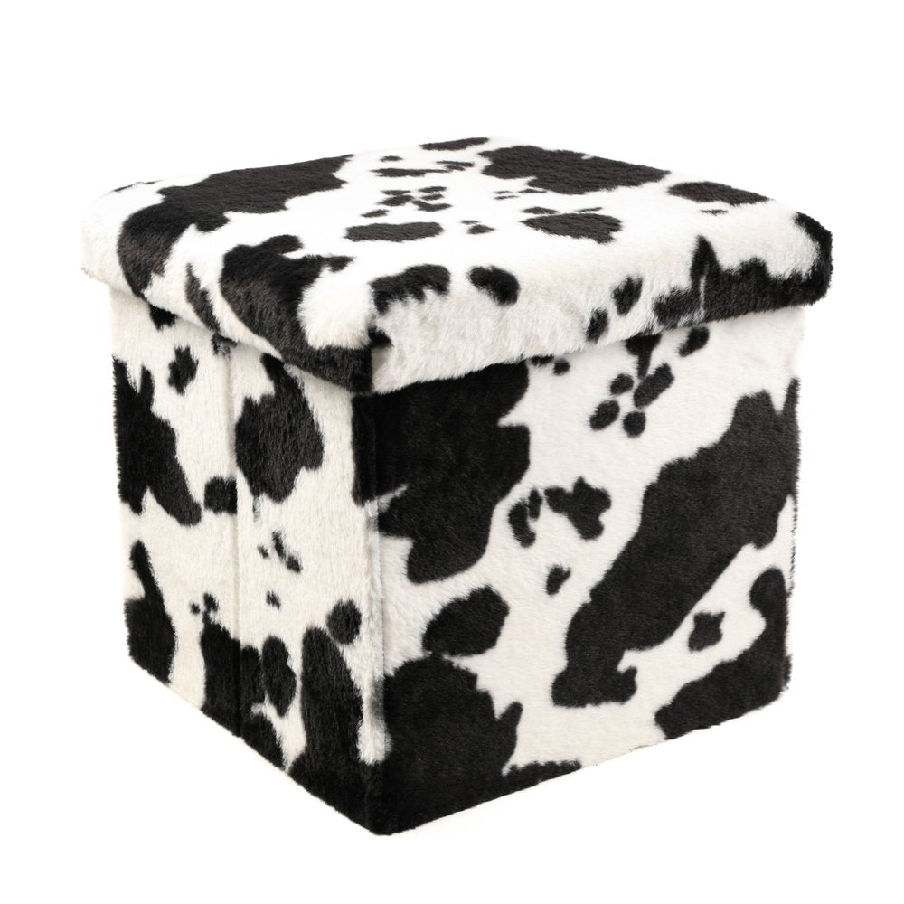 12" Black and White Faux Fur Cow Print Storage Ottoman