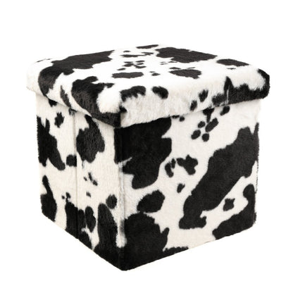 12" Black and White Faux Fur Cow Print Storage Ottoman