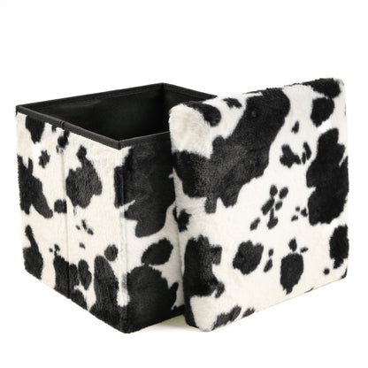 12" Black and White Faux Fur Cow Print Storage Ottoman