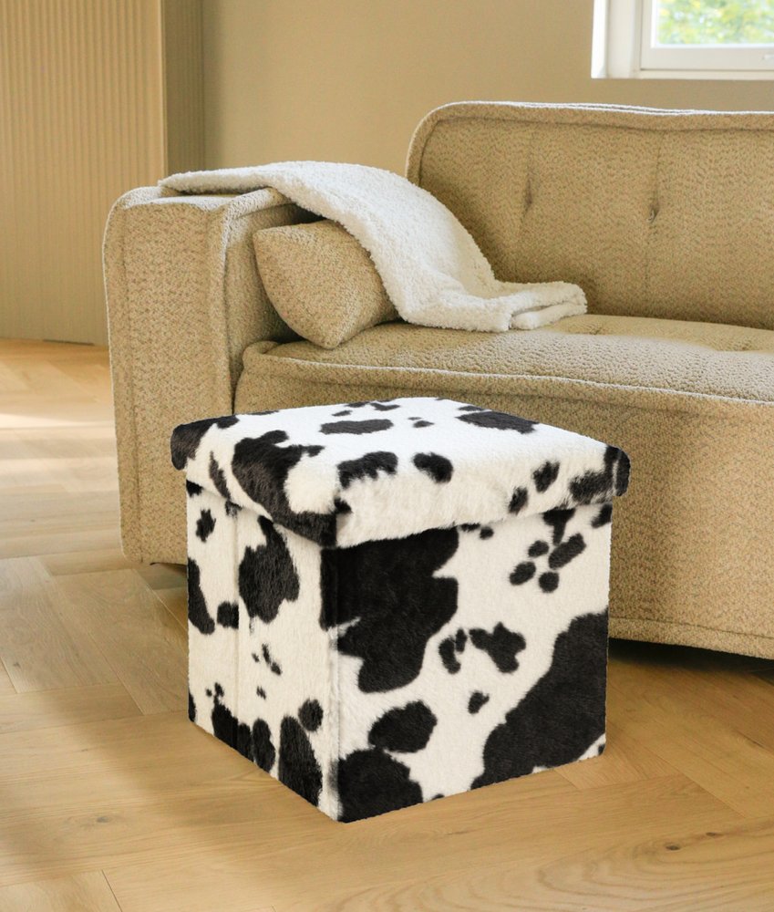 12" Black and White Faux Fur Cow Print Storage Ottoman