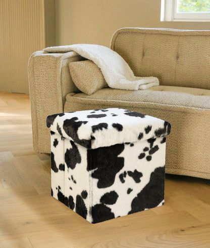 12" Black and White Faux Fur Cow Print Storage Ottoman