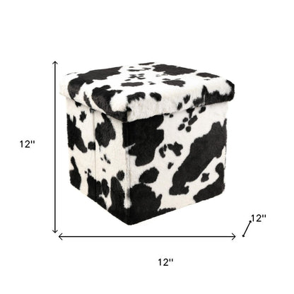 12" Black and White Faux Fur Cow Print Storage Ottoman