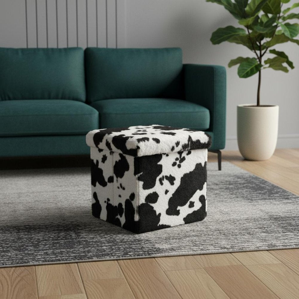 12" Black and White Faux Fur Cow Print Storage Ottoman