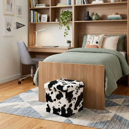 12" Black and White Faux Fur Cow Print Storage Ottoman