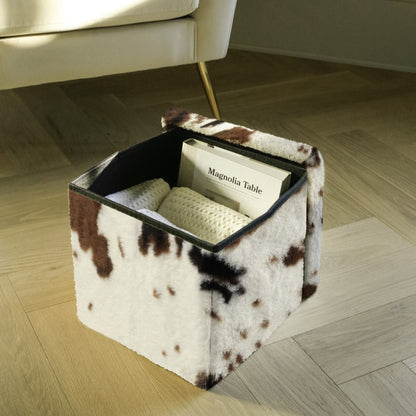 12" Brown and White Faux Fur Cow Print Storage Ottoman
