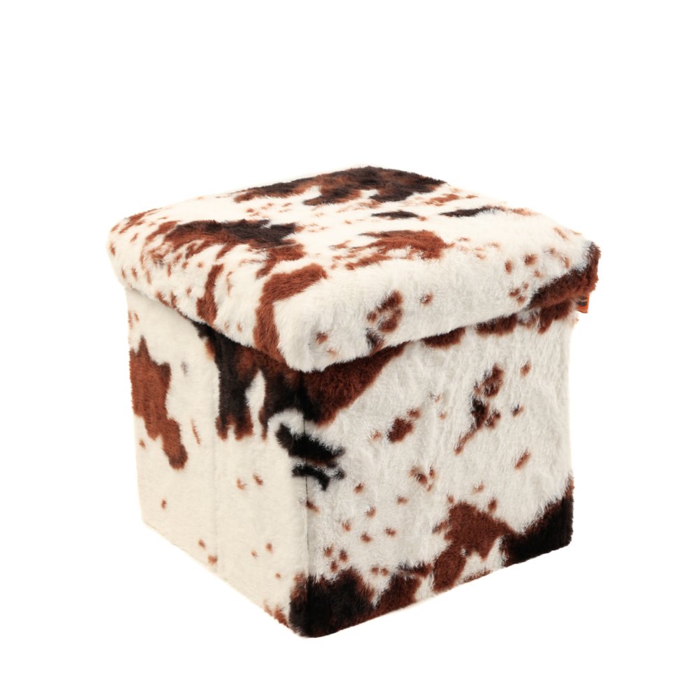 12" Brown and White Faux Fur Cow Print Storage Ottoman