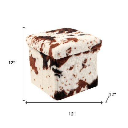 12" Brown and White Faux Fur Cow Print Storage Ottoman