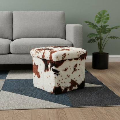 12" Brown and White Faux Fur Cow Print Storage Ottoman