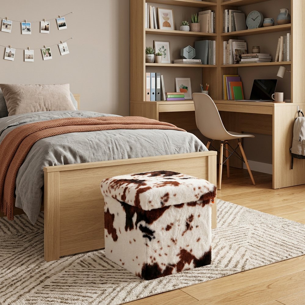 12" Brown and White Faux Fur Cow Print Storage Ottoman