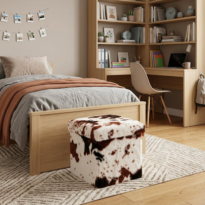 12" Brown and White Faux Fur Cow Print Storage Ottoman