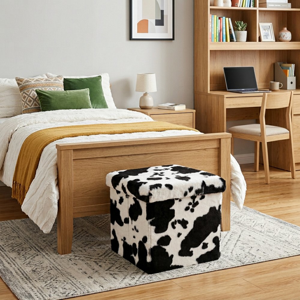 15" Black and White Faux Fur Cow Print Storage Ottoman