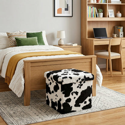 15" Black and White Faux Fur Cow Print Storage Ottoman