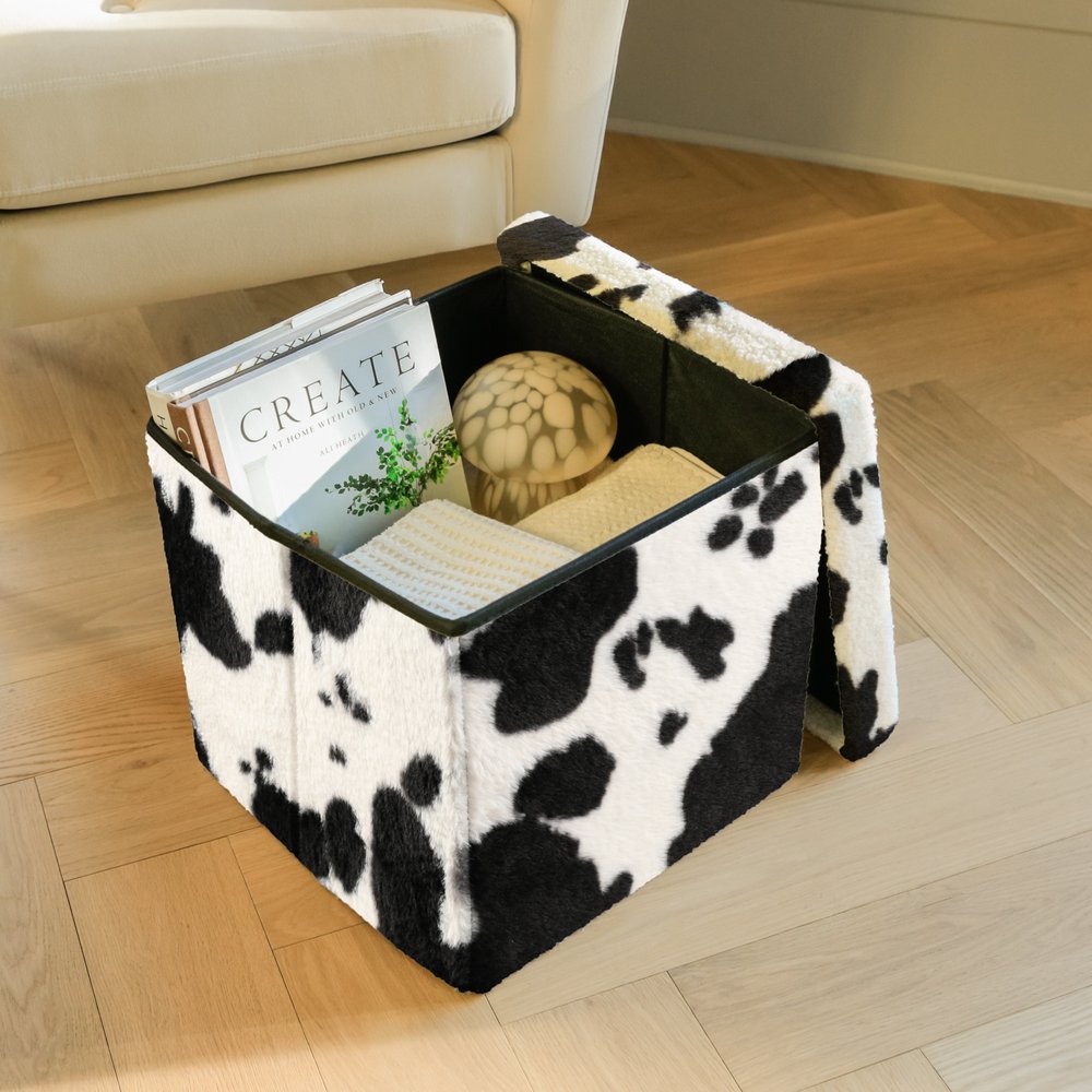 15" Black and White Faux Fur Cow Print Storage Ottoman
