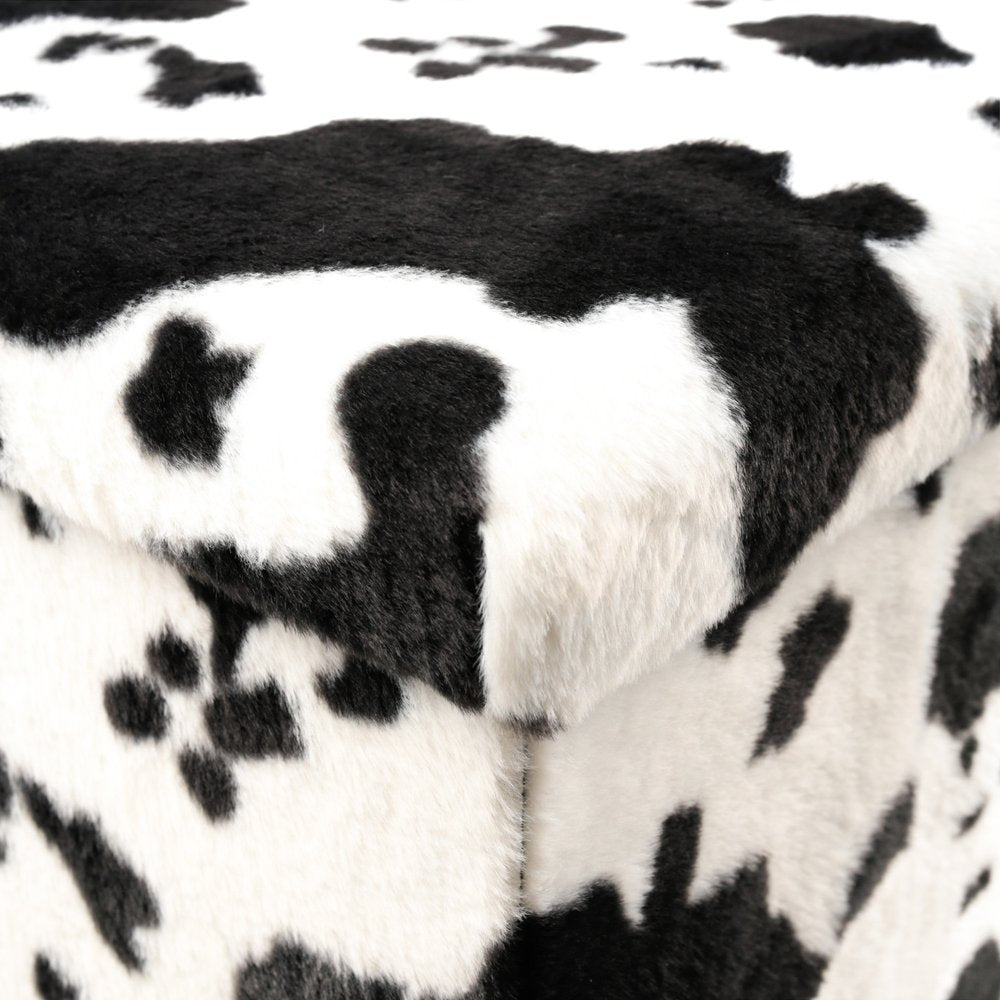 15" Black and White Faux Fur Cow Print Storage Ottoman
