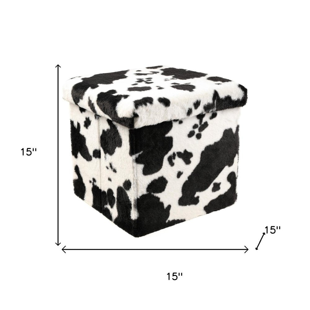15" Black and White Faux Fur Cow Print Storage Ottoman