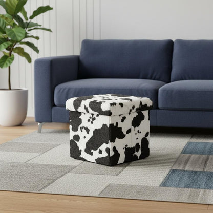15" Black and White Faux Fur Cow Print Storage Ottoman