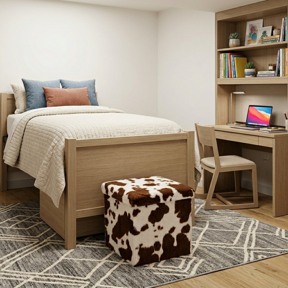 15" White and Brown Faux Fur Cow Print Storage Ottoman