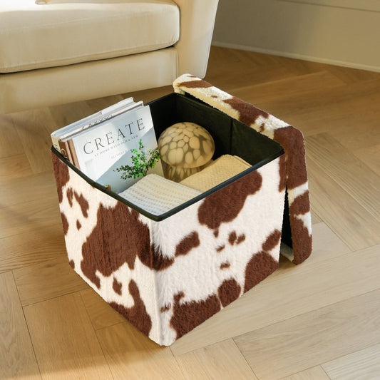 15" White and Brown Faux Fur Cow Print Storage Ottoman