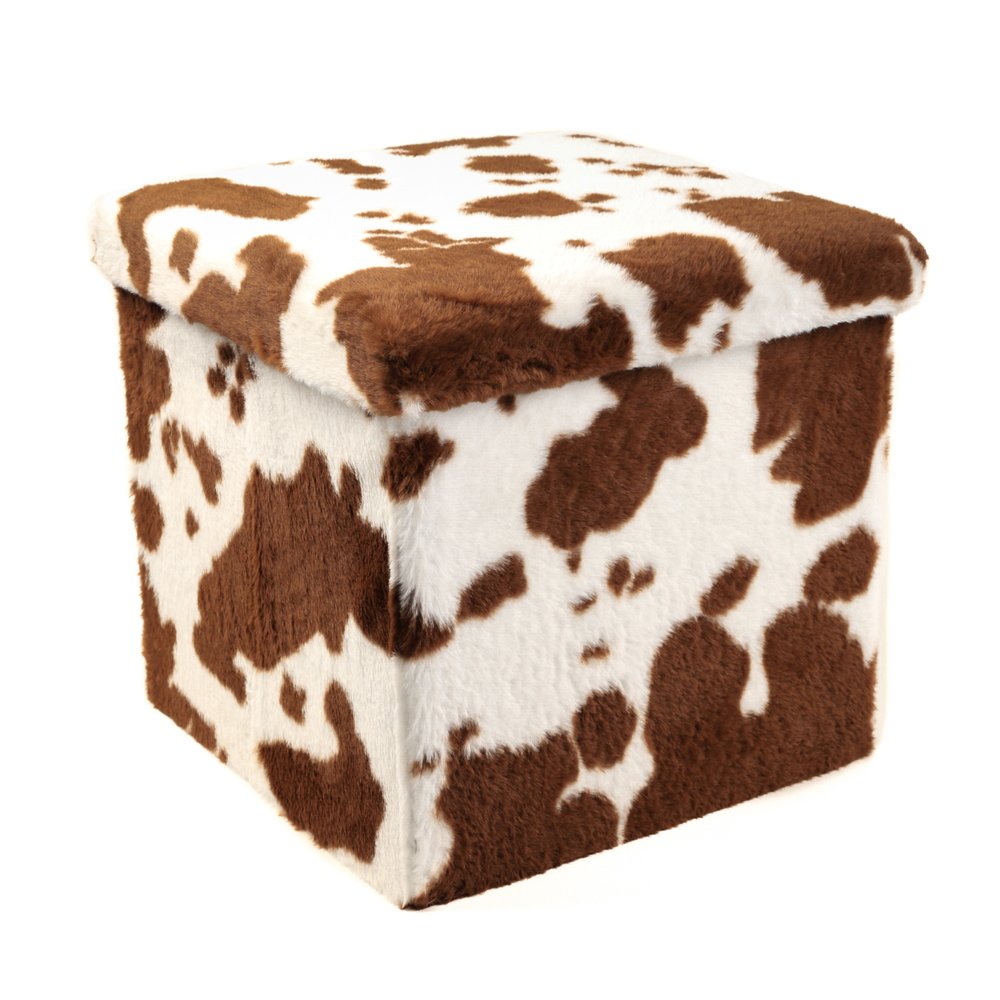 15" White and Brown Faux Fur Cow Print Storage Ottoman