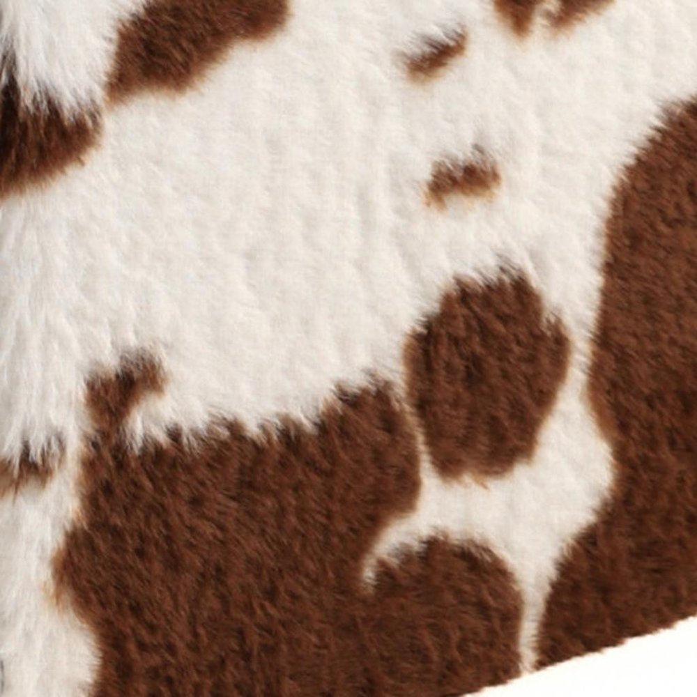 15" White and Brown Faux Fur Cow Print Storage Ottoman