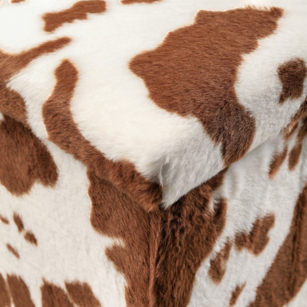 15" White and Brown Faux Fur Cow Print Storage Ottoman