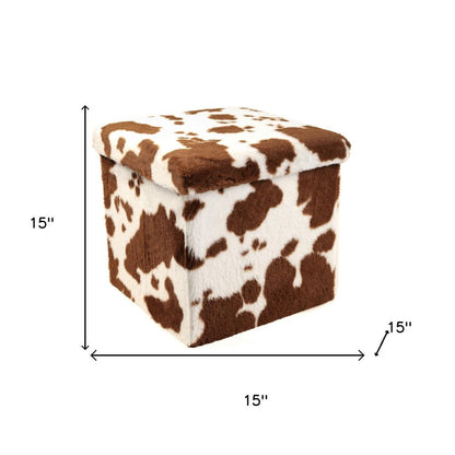 15" White and Brown Faux Fur Cow Print Storage Ottoman