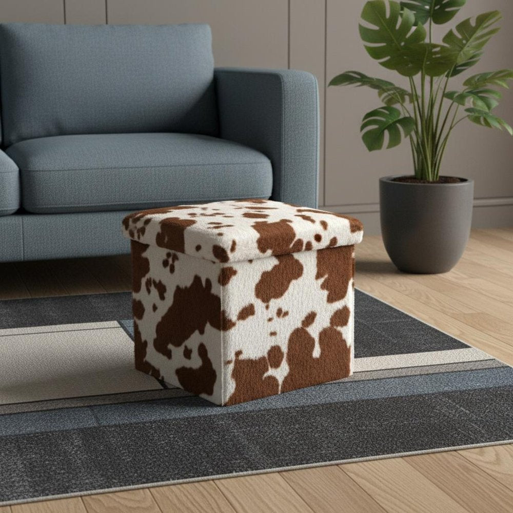 15" White and Brown Faux Fur Cow Print Storage Ottoman