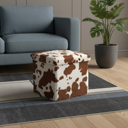 15" White and Brown Faux Fur Cow Print Storage Ottoman