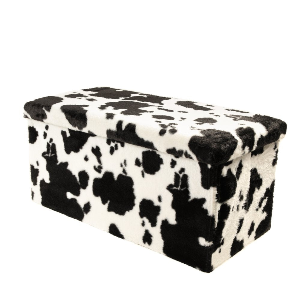 30" Black and White Faux Fur Cow Print Storage Ottoman