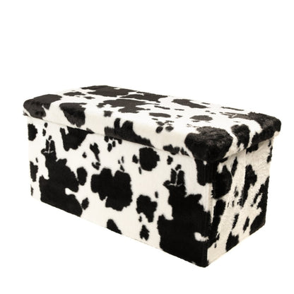 30" Black and White Faux Fur Cow Print Storage Ottoman
