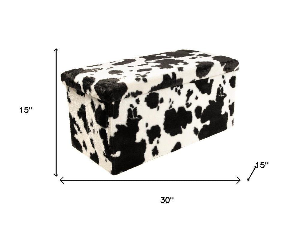 30" Black and White Faux Fur Cow Print Storage Ottoman